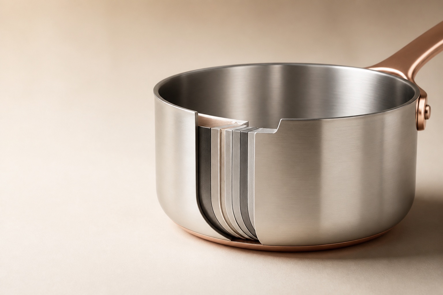 Cross-section of Demeyere 7-ply stainless steel cookware showing layered construction