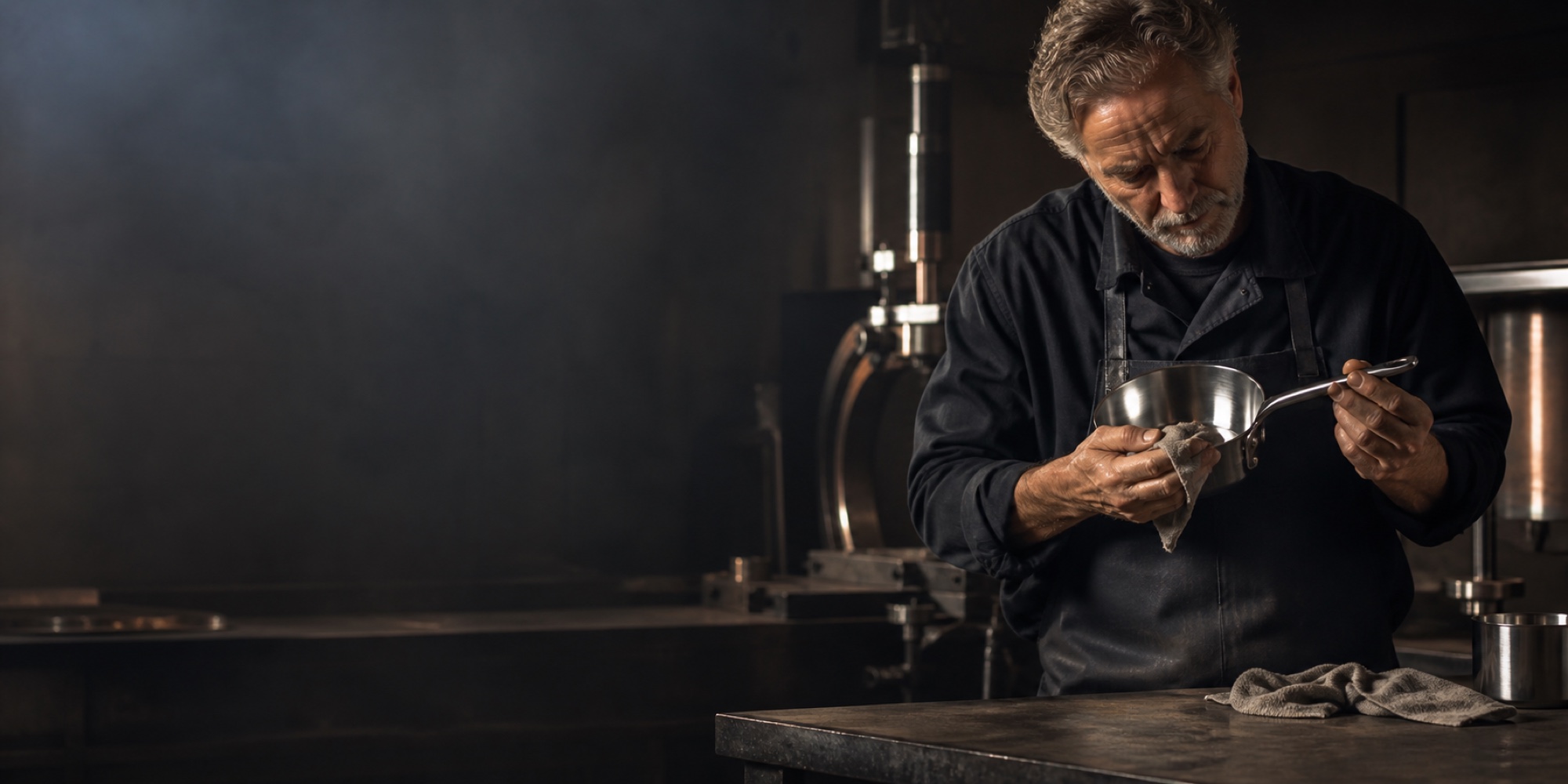 Cookware craftsperson working with stainless steel in a Belgian workshop