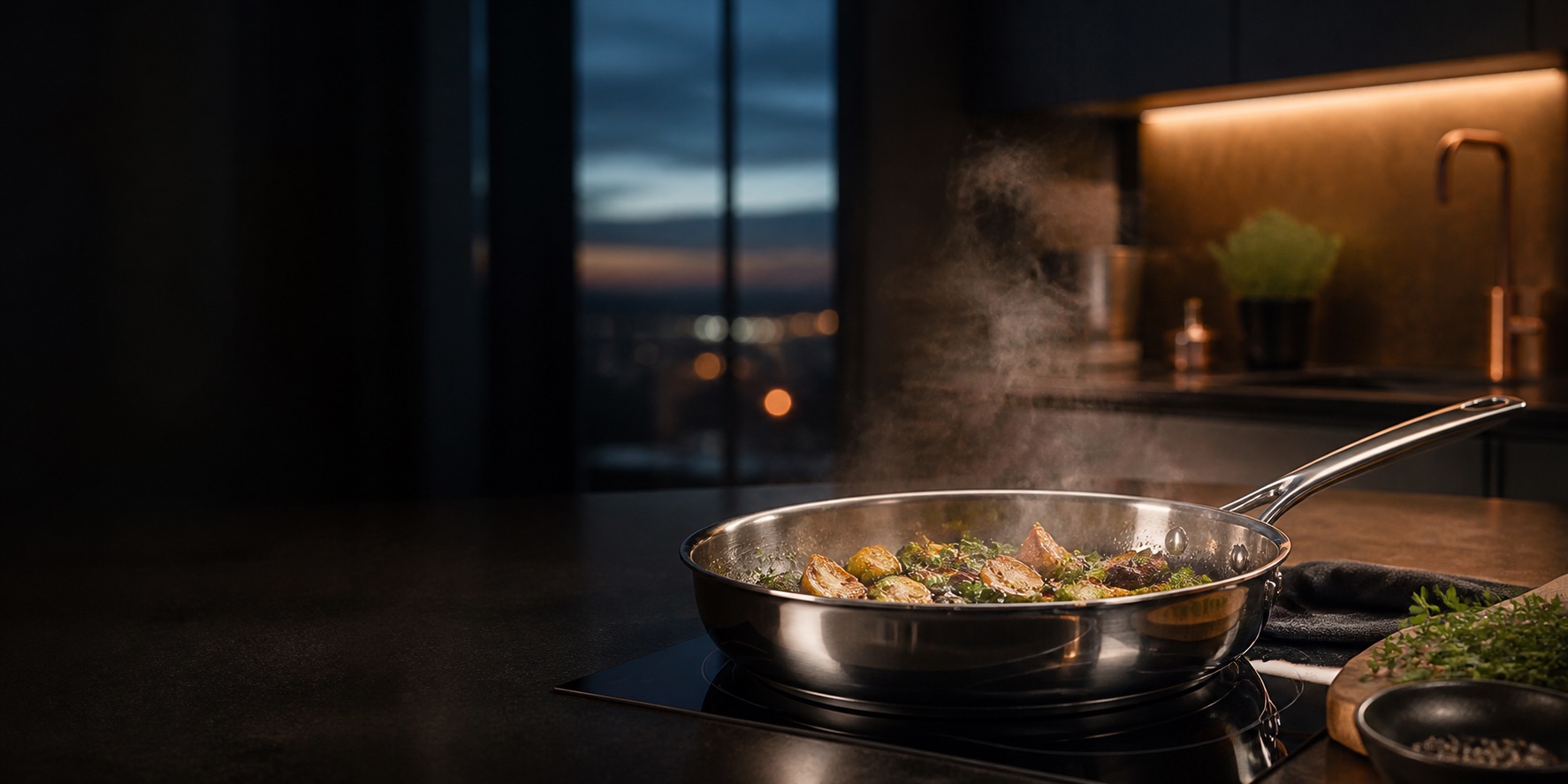 Stainless steel frying pan searing vegetables on an induction cooktop in a modern kitchen