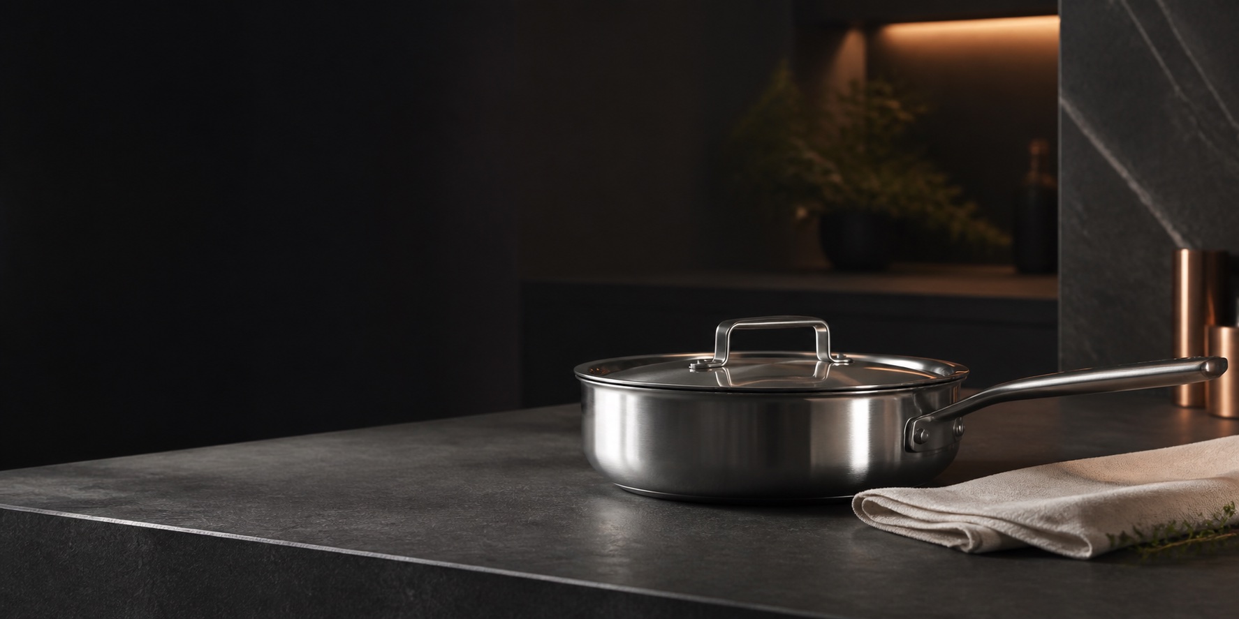 Closed stainless steel pan and lid on a quiet stone worktop