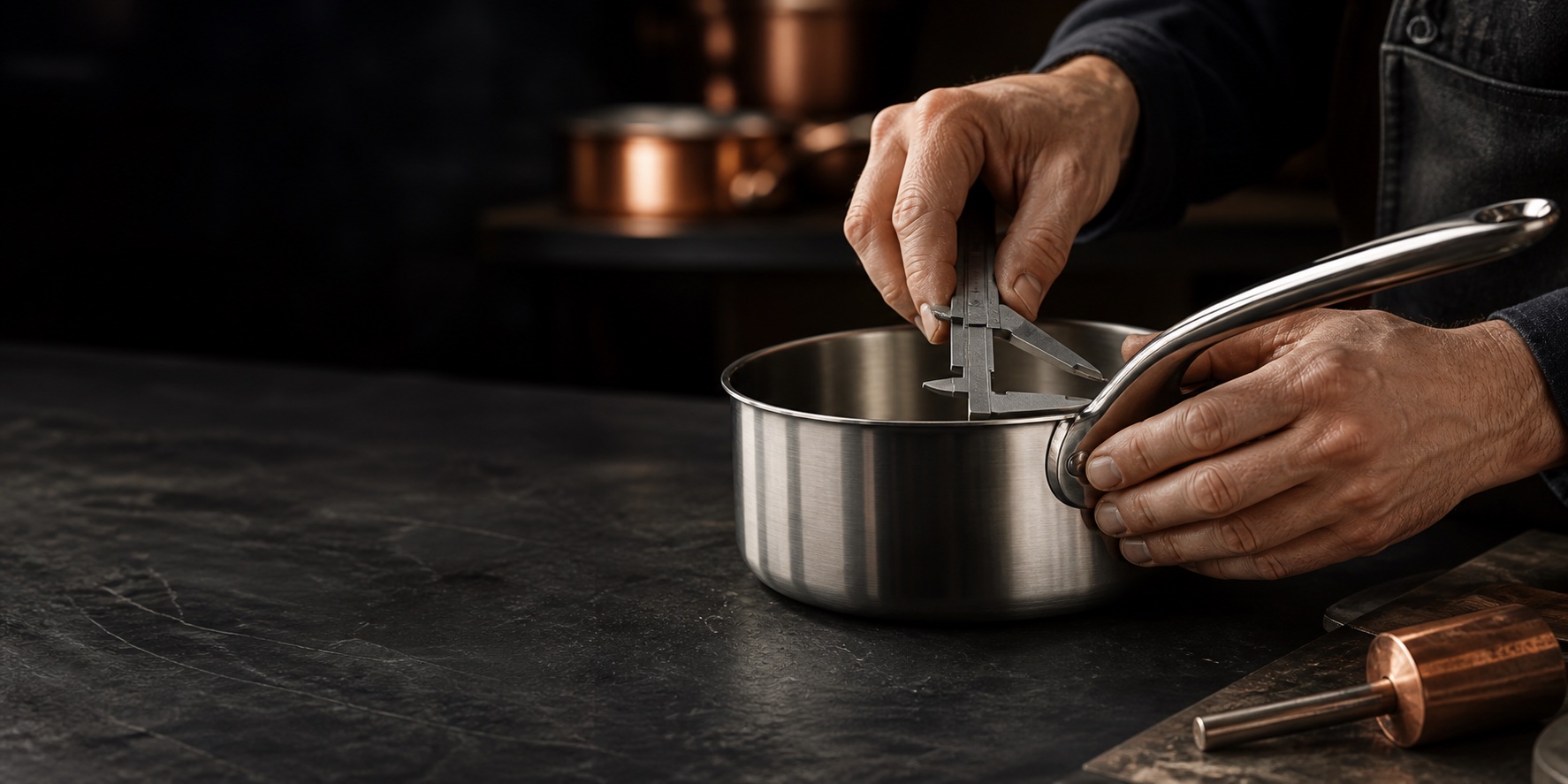 Craftsperson measuring a stainless steel saucepan during quality control